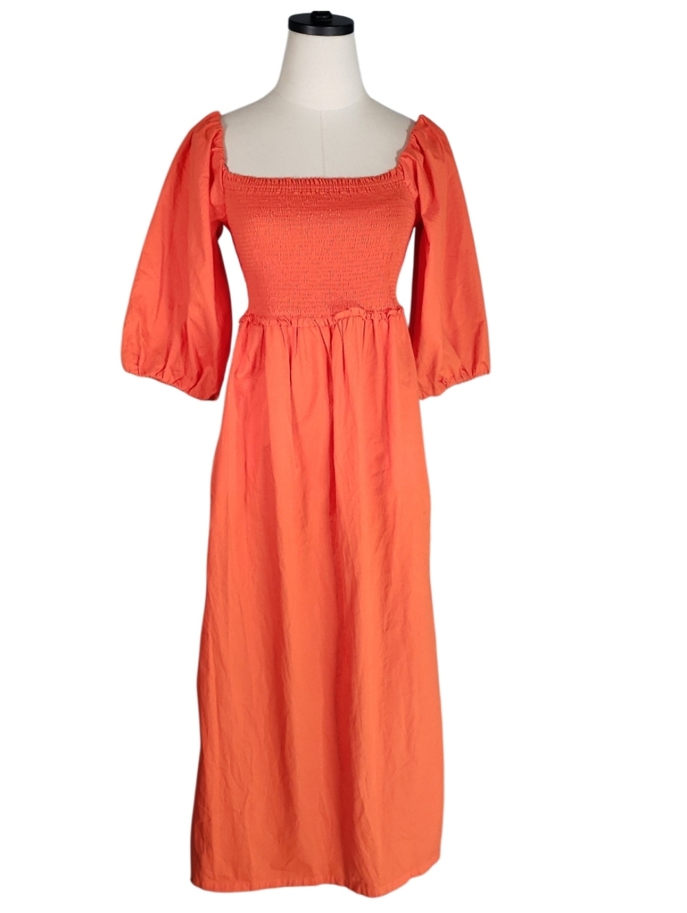 Free Assembly Smocked Square Neck Maxi Dress in Coral Boho Puffy Sleeves Cottage